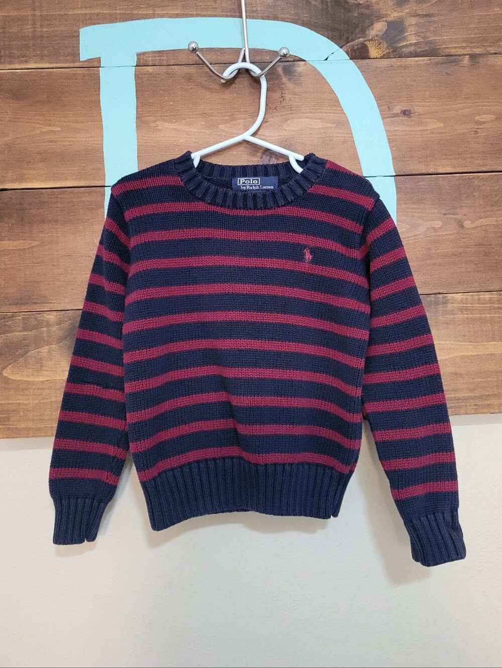 Polo by Ralph Lauren Navy and Burgundy Striped Crewneck Sweatert 5T